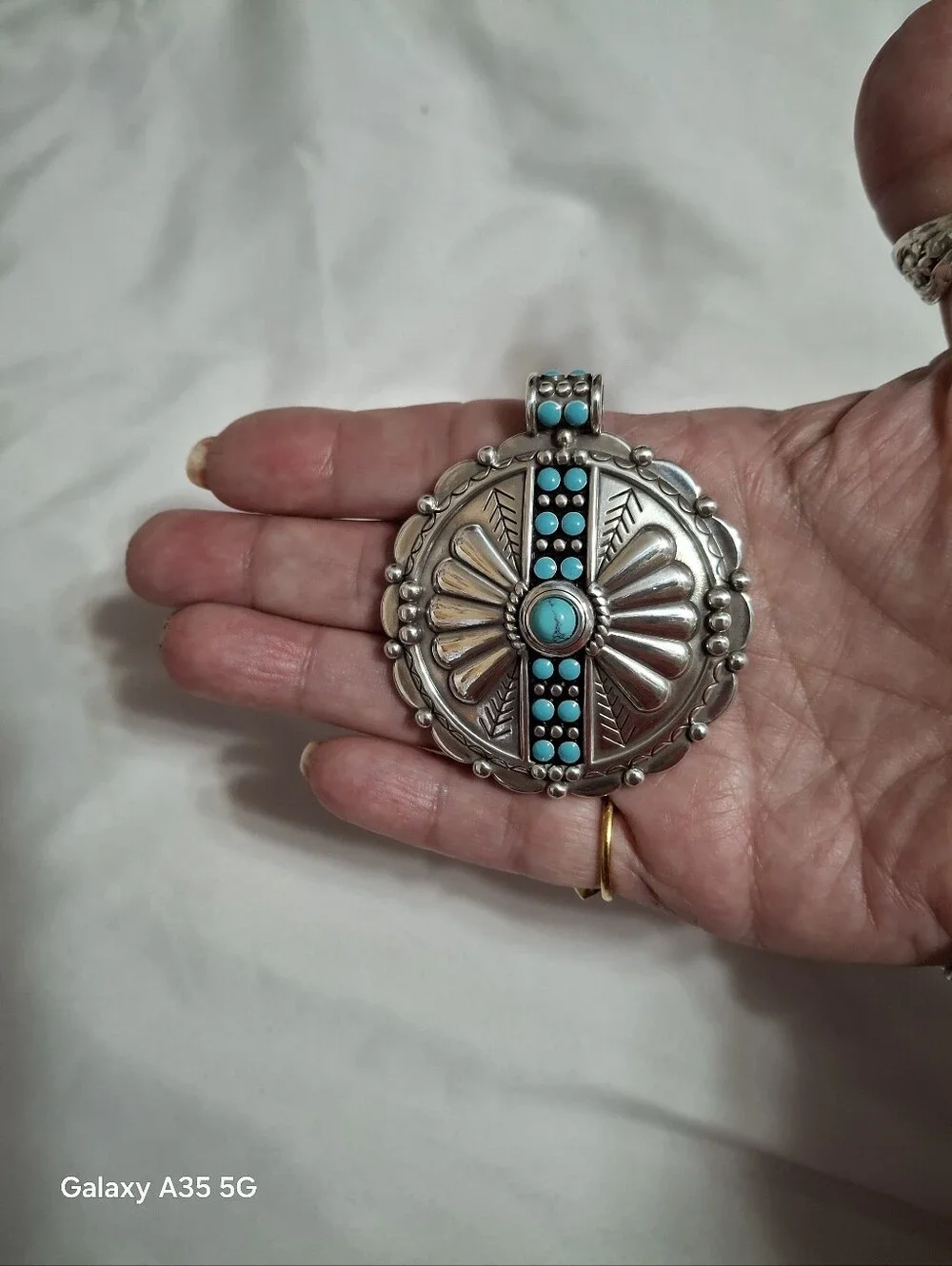 Brighton Southwestern collection Large Silver medallion pendant turquoise color